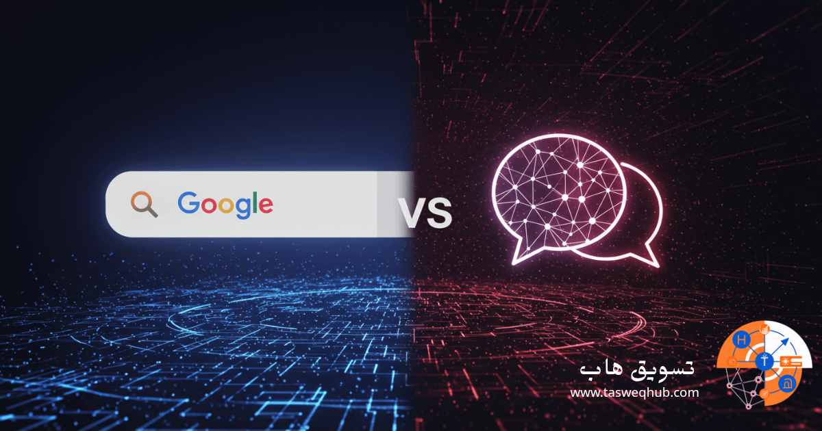 اقرأ المزيد عن: هل انخفضت فعلاً حركة البحث على جوجل؟ جوجل ترد وتكشف الحقيقة الكاملة على تسويق هاب صورة تجمع بين فكرة "البحث" و"الذكاء الاصطناعي" والصراع/التغيير الذي يحدث. يمكن أن تكون رمزية أو تحتوي على عناصر واضحة.