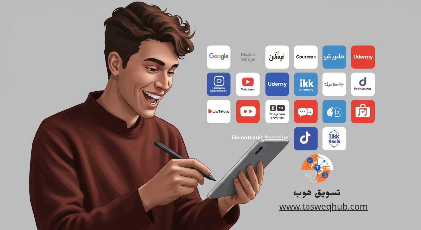 اقرأ المزيد عن: يا برو! عايز تكسر الدنيا بالديجيتال ماركتنج في 2025؟ 🔥 دليلك العملي للتسويق الإلكتروني من الزيرو! 💯 على تسويق هاب تابلت يعرض أيقونات المواقع والتطبيقات المختلفة مع شاب ينظر إليها بحماس وقلم إلكتروني في يده يدون بعض الملاحظات