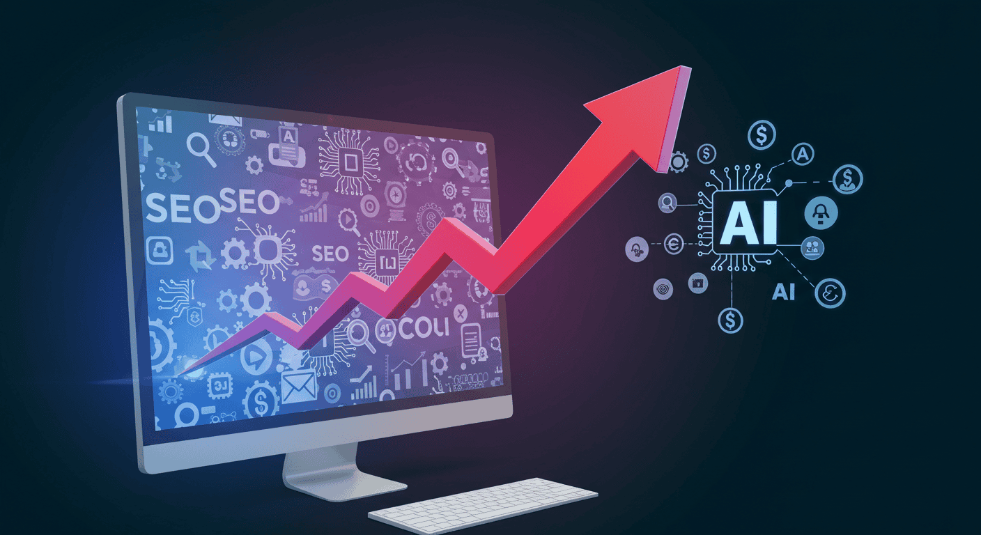 اقرأ المزيد عن: الذكاء الاصطناعي وتحسين محركات البحث (SEO): كيف يُشكّل الذكاء الاصطناعي مستقبل الظهور الرقمي؟ على تسويق هاب رسم توضيحي يظهر سهم نمو صاعد يخترق شاشة كمبيوتر تظهر عليها أيقونات SEO و AI، مع أيقونة أموال أو استثمار في نهاية السهم.