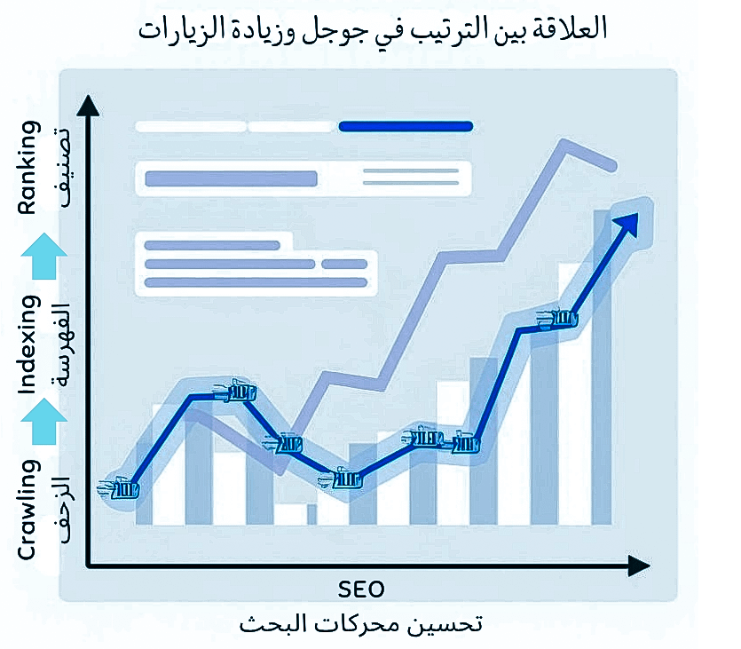 اقرأ المزيد عن: بحث شامل: التسويق الإلكتروني (مفاهيم، أنواع، استراتيجيات متقدمة) 2025 والسوق العربي على تسويق هاب رسم توضيحي يوضح مراحل عمل SEO Crawling Indexing Ranking , رسم بياني يوضح العلاقة بين الترتيب في جوجل وزيادة الزيارات